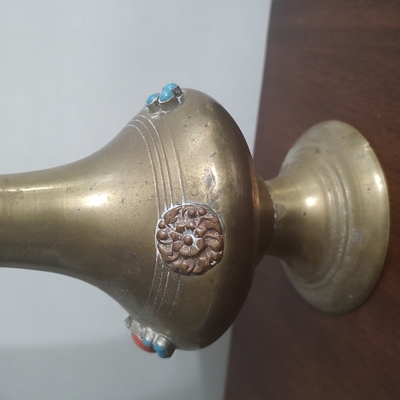 Brass Vase Coral Turquoise Glass Design - Picture 4 of 12
